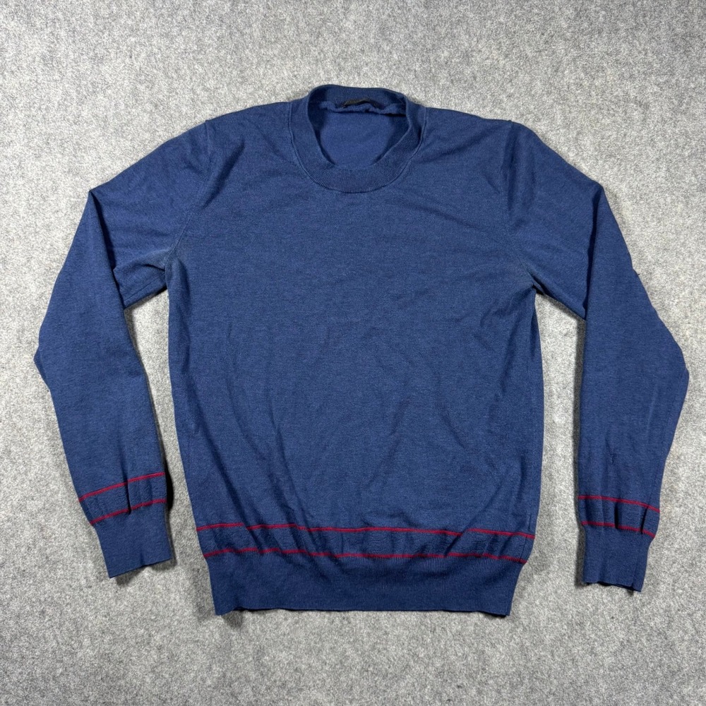 La Perla Womens Blue Silk Wool Cashmere Crew Neck Sweater Red Stripe Accents S